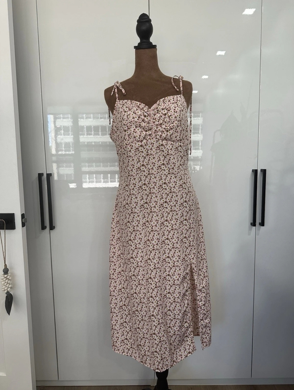 Floral Tie-Strap Midi Dress in Light Pink